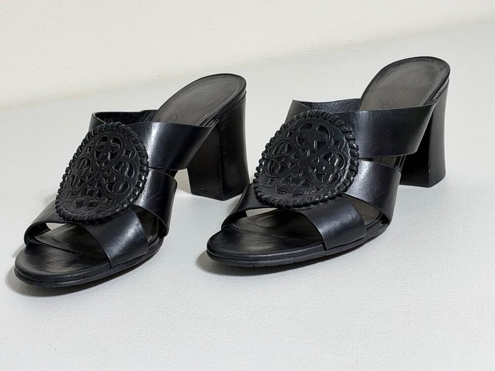 Brighton ROMANA Womens Size 7.5 Black Heeled Mule Leather Tooled Medallion